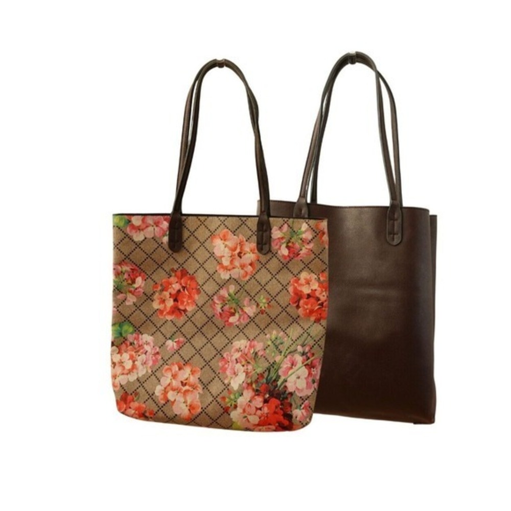 Floral Tote Bag Large Chocolate Faux Leather Shopper Blooms Spring‎ Reversible